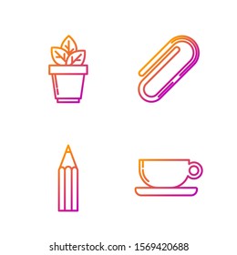 Set line Coffee cup flat, Pencil, Flowers in pot and Paper clip. Gradient color icons. Vector