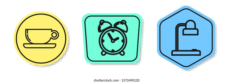Set line Coffee cup flat, Alarm clock and Table lamp. Colored shapes. Vector