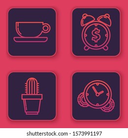 Set line Coffee cup flat, Cactus and succulent in pot, Alarm clock with dollar symbol and Time Management. Blue square button. Vector