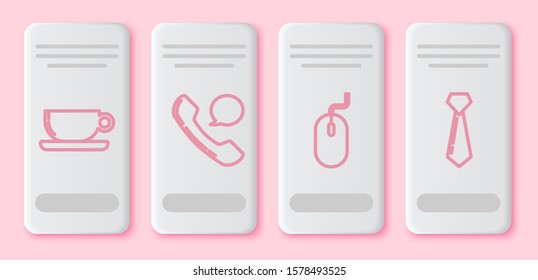 Set line Coffee cup flat, Telephone handset and speech bubble chat, Computer mouse and Tie. White rectangle button. Vector