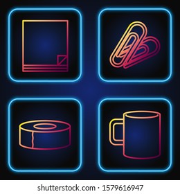 Set line Coffee cup flat, Scotch, File document and Paper clip. Gradient color icons. Vector
