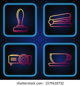 Set line Coffee cup flat, Presentation, movie, film, media projector, Stamp and Office stapler. Gradient color icons. Vector