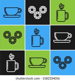 Set line Coffee cup flat, Cup of tea and leaf and Gear icon. Vector