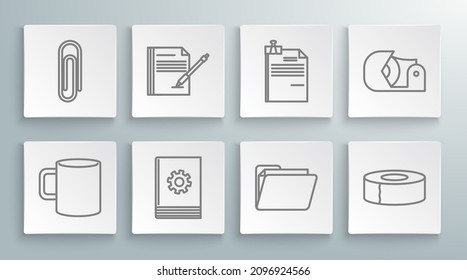 Set line Coffee cup flat, Blank notebook and pen, User manual, Document folder, Scotch, File document binder clip,  and Paper icon. Vector