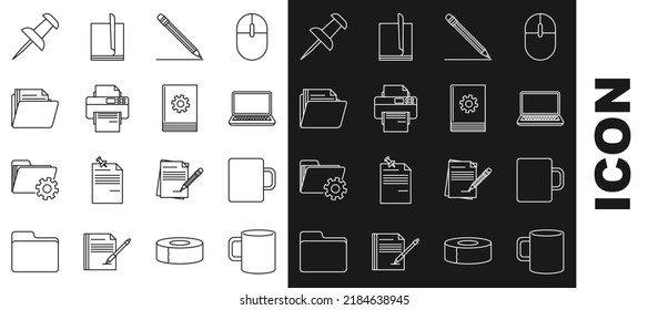 Set-line Kaffeetasse flach, Laptop, Bleistift mit Radierung und Linie, Drucker, Dokumentordner, Push-Pin und Benutzerhandbuch Symbol. Vektorgrafik