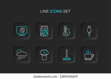 Fijar la línea Café taza, rastrillo de jardín, hongo, nube con lluvia y sol, amapola de opio, termómetro, tarro de pepinos pelados e icono de la hoja de ubicación. Vector