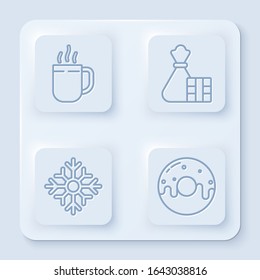 Set line Coffee cup, Gift box and bag, Snowflake and Donut with sweet glaze. White square button. Vector