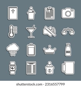 Set line Coffee cup, Glass bottle milk and cap, Scales justice, Clipboard with resume, Martini glass, Thermometer, Holy bible book and Speaker mute icon. Vector