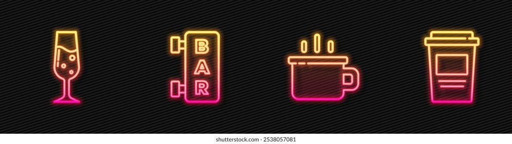 Set line Coffee cup, Glass champagne, Street signboard with Bar and to go. Glowing neon icon. Vector