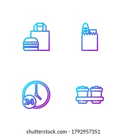 Set line Coffee cup to go, Clock 24 hours, Online ordering burger delivery and Shopping bag and food. Gradient color icons. Vector