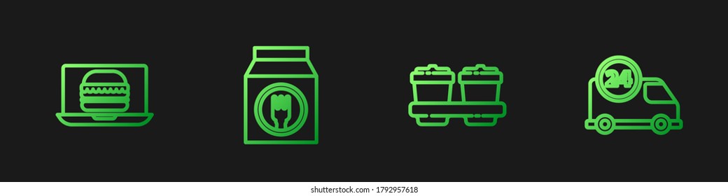 Legen Sie einen Kaffee-Tasse zu gehen, online bestellen Sie Burger-Lieferung, und Fast per Auto. Farbsymbole. Vektorgrafik
