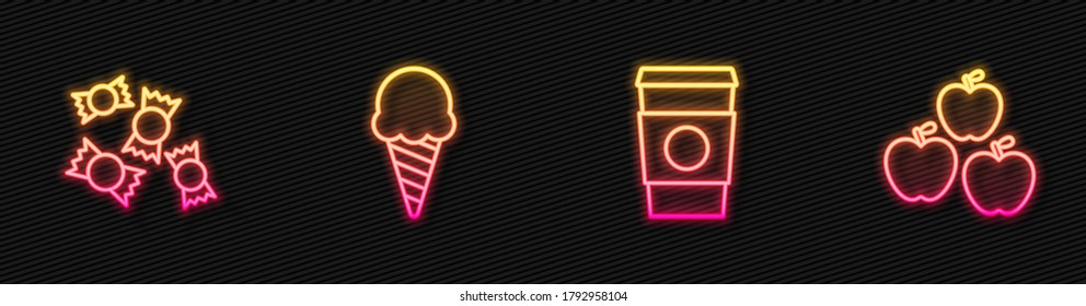 Set line Coffee cup to go, Candy, Ice cream in waffle cone and Apple. Glowing neon icon. Vector