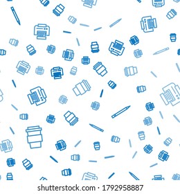 Set line Coffee cup to go, Pencil with eraser and Printer on seamless pattern. Vector