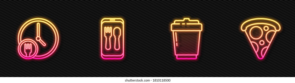 Set line Coffee cup to go, Round the clock delivery, Online ordering and and Slice pizza. Glowing neon icon. Vector