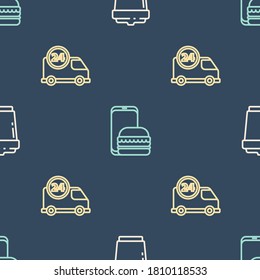 Set line Coffee cup to go, Fast delivery by car and Online ordering and on seamless pattern. Vector