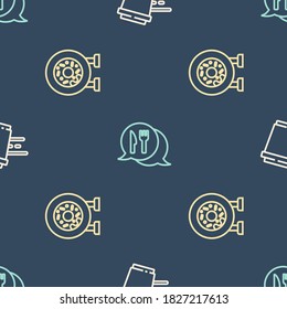 Set line Coffee cup to go, Donut and Cafe and restaurant location on seamless pattern. Vector
