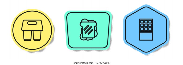 Set line Coffee cup to go, Sandwich and Chocolate bar. Colored shapes. Vector