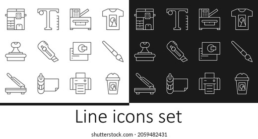 Fijar la línea Coffee cup a ir, Pincel de pintura, Copiar máquina, Cuchillo de estatización, Sello, Tarjeta de presentación e icono de texto. Vector