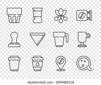 Set line Coffee cup to go, bean, branch, Glass with water, paper filter, Location coffee and Irish icon. Vector