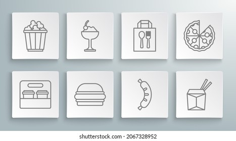 Fija la línea Coffee cup to go, Ice crema in bowl, Burger, Hotdog, fideos y palillos asiáticos, entrega de pedidos online, icono de la caja de Pizza y Popcorn. Vector