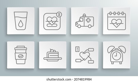 Set Line Coffee Cup To Go, Mobile With Heart Rate, Cake, Attention Health, Alarm Clock, Ambulance And Emergency Car, Heart And Glass Water Icon. Vector