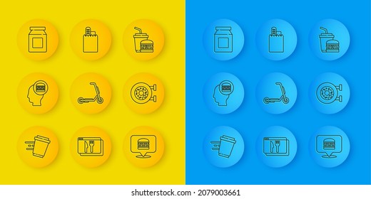 Set-line-Kaffee-Tasse zu gehen, Online-Bestellung und Lieferung, Scooter, Burger, Donut, Papier-Glas und Symbol. Vektorgrafik