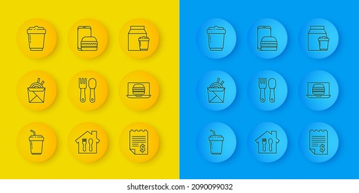 Ajuste la línea Coffee cup para que se vaya, fideos y palillos asiáticos, cuchara de horquilla, cheque financiero de papel, entrega de hamburguesas de pedidos online e icono. Vector