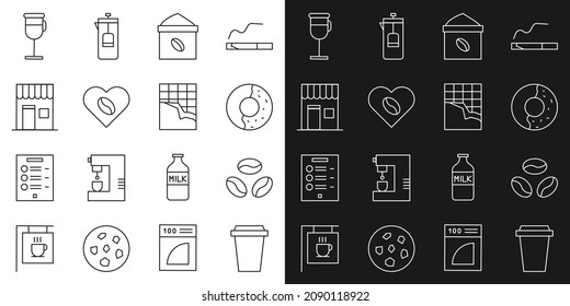 Set line Coffee cup to go, beans, Donut with sweet glaze, Bag coffee, Lovers, shop, Irish and Chocolate bar icon. Vector