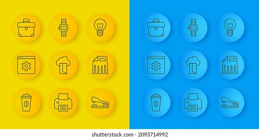 Set line Coffee cup to go, Browser setting, Cloud database, Stapler, Paper shredder, Briefcase, Light bulb and Wrist watch icon. Vector