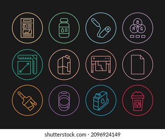 Set line Coffee cup to go, Empty document, Paint roller brush, Printer ink bottle, Paper size, News, Plotter and  icon. Vector