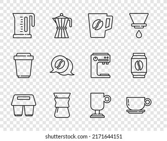 Fija la línea Coffee cup to go, Pour over coffee maker, Electric kettle, y conversación, Irish and Bag beans icon. Vector