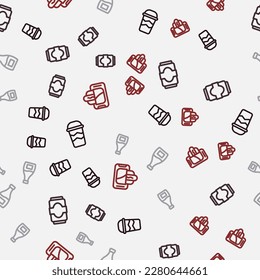 Set line Coffee cup to go, Soda can, Sauce bottle and Food ordering on mobile on seamless pattern. Vector