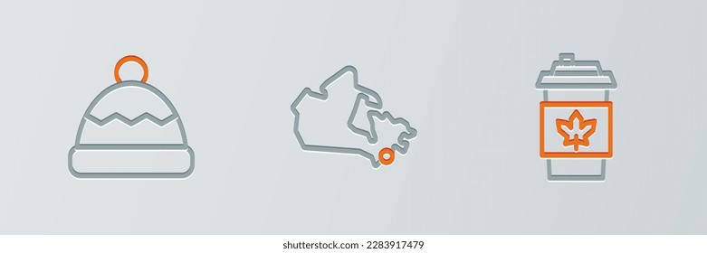 Ajuste la línea Coffee cup para que se vaya, Beanie hat e icono del mapa de Canadá. Vector