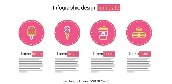 Fija la línea Coffee cup para que se vaya, galleta Macaron, helado en cono de gofre e icono. Vector