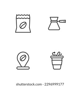 Set line Coffee cup to go, Location with coffee bean, Bag beans and turk icon. Vector