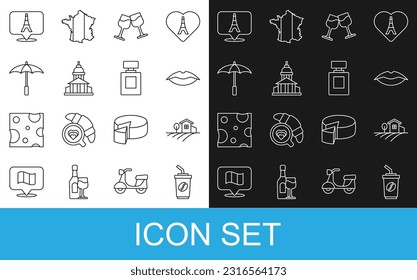 Set line Coffee cup to go, Village landscape, Smiling lips, Wine glass, Museum building, Umbrella for beach, Eiffel tower and Perfume icon. Vector