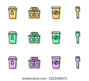 Set line Coffee cup to go, Cup tea,  and Fork icon. Vector