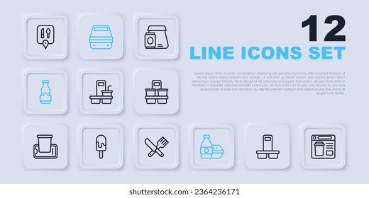 Set line Coffee cup to go, Online ordering food, Sauce bottle, Ice cream, Lunch box and Crossed knife and fork icon. Vector