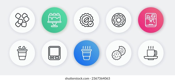 Set line Coffee cup to go, machine, Cookie or biscuit, Donut, Medal for coffee,  and Electronic scales icon. Vector