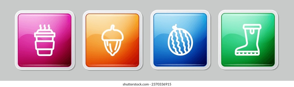 Set line Coffee cup to go, Acorn, Watermelon and Waterproof rubber boot. Colorful square button. Vector