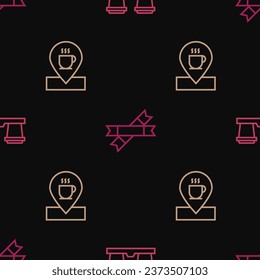 Set line Coffee cup to go, Location with coffee and Sugar stick packets on seamless pattern. Vector