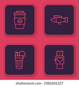 Set line Coffee cup to go, Fresh smoothie, Fish and Smart watch. Blue square button. Vector