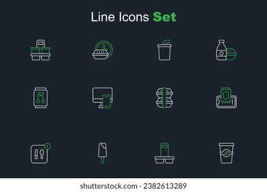 Ponga la línea Café para ir, helado, pedido de comida, en el móvil, caja de almuerzo, comida en línea y lata de refresco. Vector