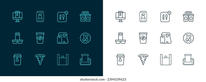 Set line Coffee cup to go, Slice pizza, Online ordering food, Food,  and Soda can icon. Vector