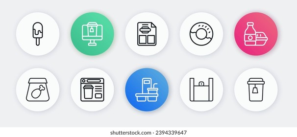 Ponga en línea la taza de café para ir, comida en línea, comida, Donut, menú de café restaurante, Té de la copa e ícono. Vector
