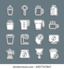 Set line Coffee cup to go, Location with coffee bean, Jug glass water,  and  icon. Vector