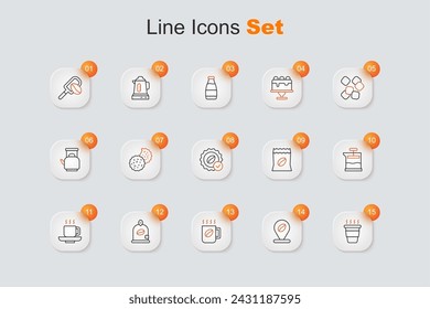 Set line Taza de café para llevar, Ubicación con grano de café, granos de bolsa, prensa francesa y Medalla para icono. Vector