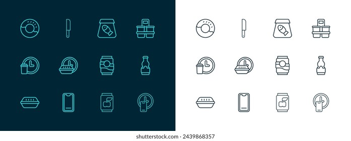 Set line Coffee cup to go, Food ordering on mobile, Soda can, Round the clock delivery, Online fish, Donut and Knife icon. Vector
