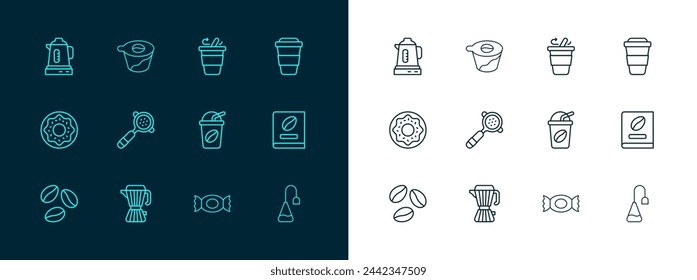 Set line Taza de café para llevar, cafetera moca, café helado, caramelo, portafiltros, hervidor eléctrico y verter sobre icono. Vector