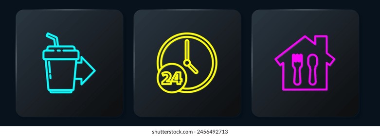 Set line Coffee cup to go, Online ordering and delivery and Clock 24 hours. Black square button. Vector
